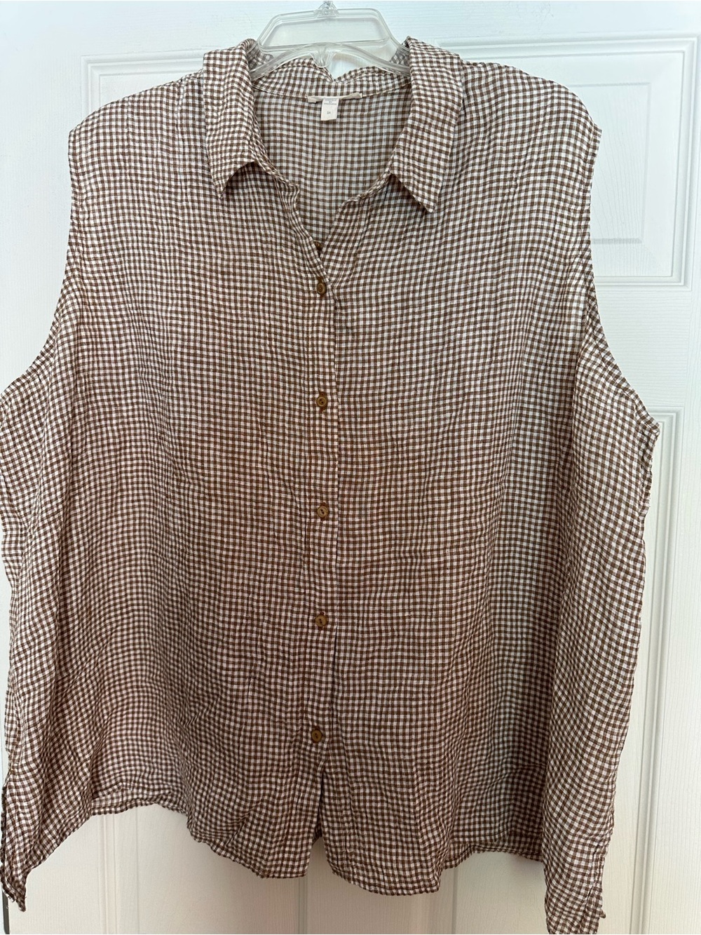 Eileen Fisher Brown Gingham Sleeveless Button-Down Top